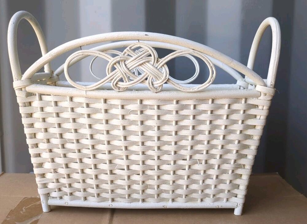 Vintage 1960s White Wicker Magazine Rack - Celtic Knot Design - Retro Home Decor